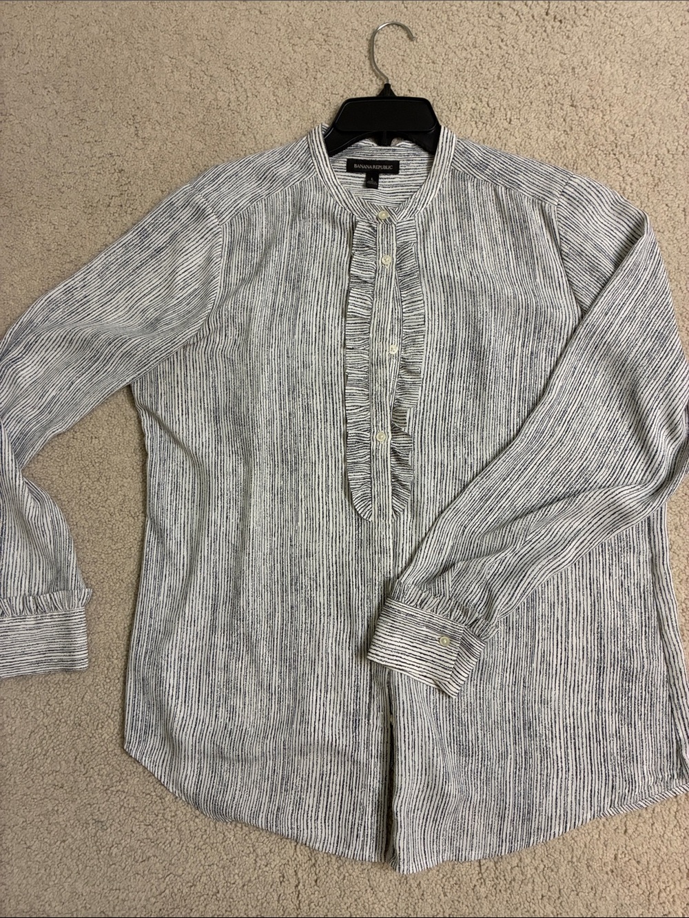 Banana Republic Women's Black and White Pinstripe Ruffle-Placket Button Down Top